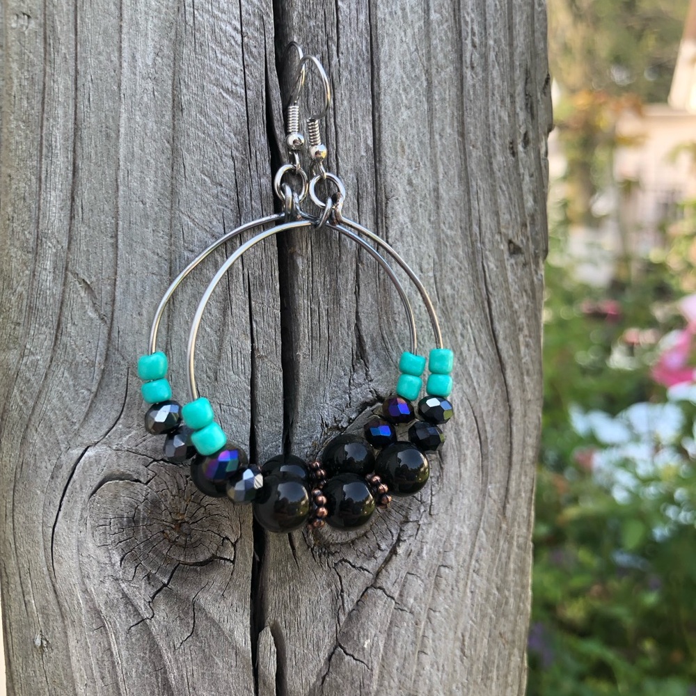 Wire Wrapped Gold Sheen Obsidian Gemstone Hoop Earrings - Picture 6 of 14